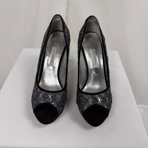 Caparros Peep Toe Heels Women 7B Black Silver Lace Sequin Sparkle Leather Sole‎